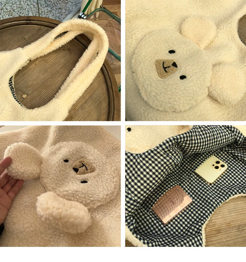 deanwangkt Soft Plush Tote Bag Women 3D Cartoon Bear Print Kawaii Shoulder Bag For Women Imitation Lamb Hair Warm Winter Handbags Big Bag - Deanwangkt