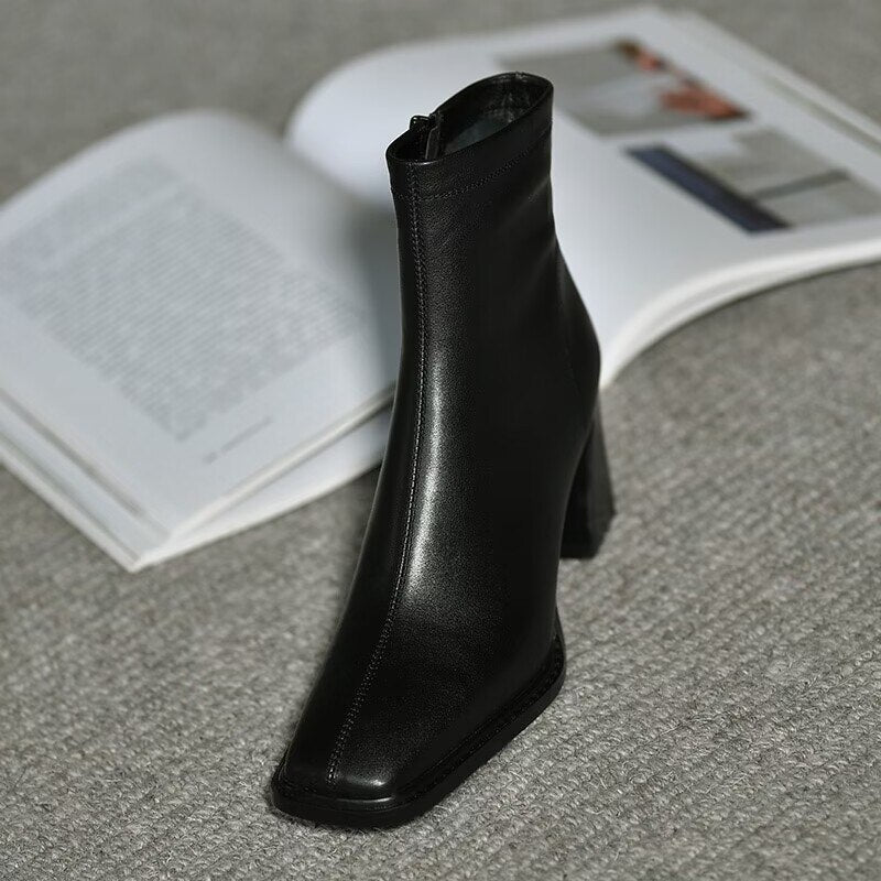 deanwangkt Ankle Boots for Women Square Toe Fashion Shoes Autumn Winter Short Boots Zipper Square Heels Comfortable Lady Shoes - Deanwangkt