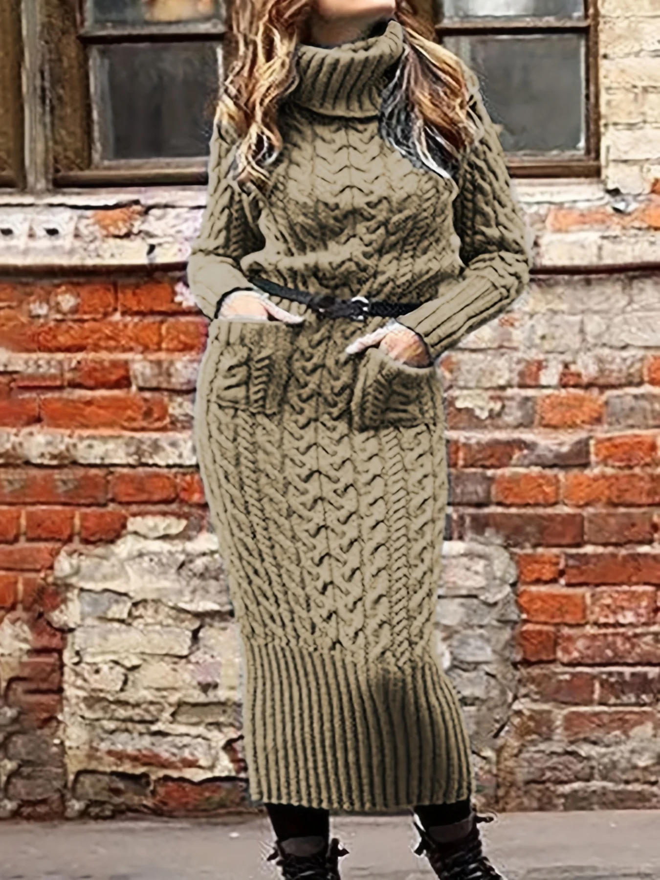 Solid Cable Knit Sweater Dress, Casual Turtleneck Long Sleeve Pocket Front Dress, Women's Clothing - Deanwangkt