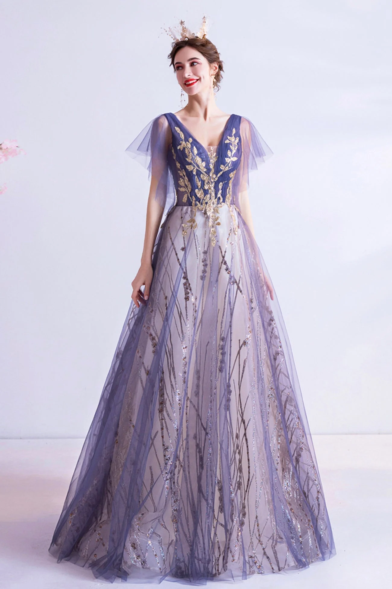 solvbao Purple V-Neck Tulle Sequins Long Prom Dresses, A-Line Evening Dresses - Deanwangkt