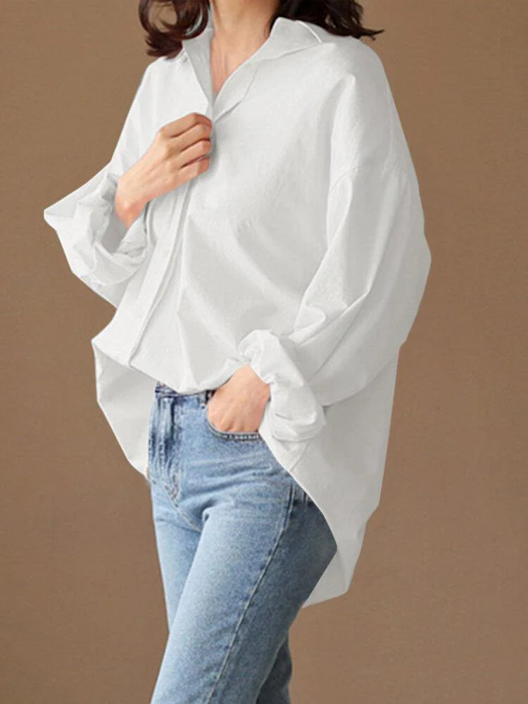 deanwangkt Loose Solid Turn-Down-Collar Full Sleeve Retro Women Blouse - Deanwangkt