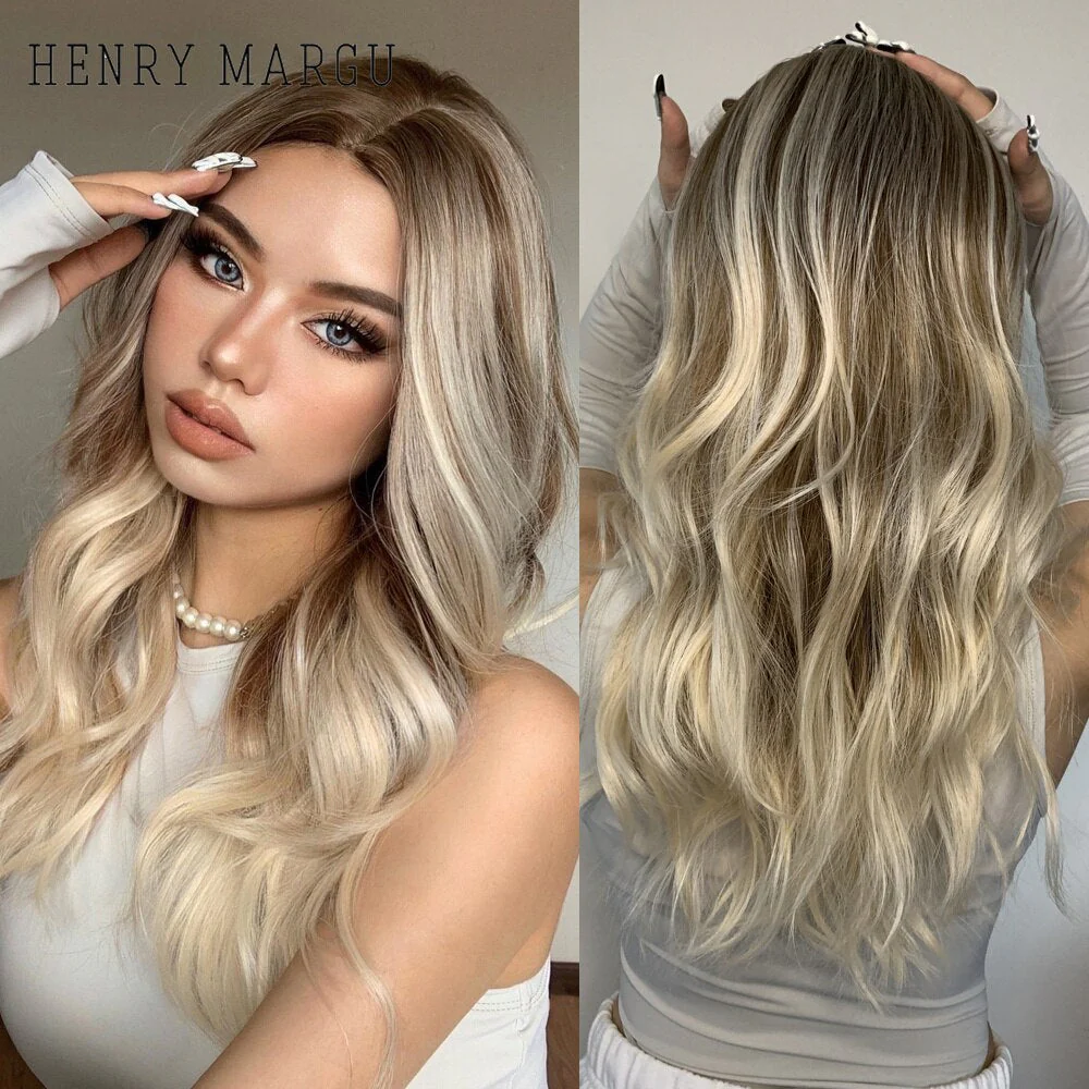 Long Ombre Brown Light Ash Platinum Blonde Wavy Wigs Cosplay Party Synthetic Wig for Women High Temperature Fibre - Deanwangkt