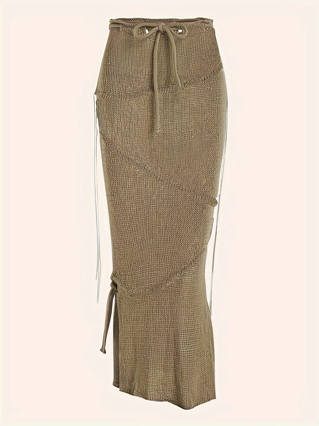 deanwangkt  Solid Knitted Drawstring Waist Side Shirring Skirt, Casual Asymmetrical Ankle Skirt . Women's Clothing - Deanwangkt