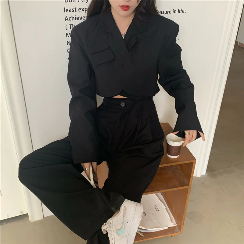 Korean summer Two Piece Set Women Crop Top Sexy Lace-up Blazer Coat + High Waist Pants Suit Sets Streetwear 2 Piece Sets Women - Deanwangkt