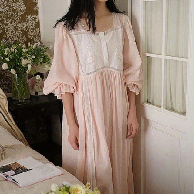 Hanxiuju Delicate Vintage Embroidery Cotton Women's Long Nightgowns Luxury Sleepwear Elegant Loose Nighty Spring Autumn Dress - Deanwangkt