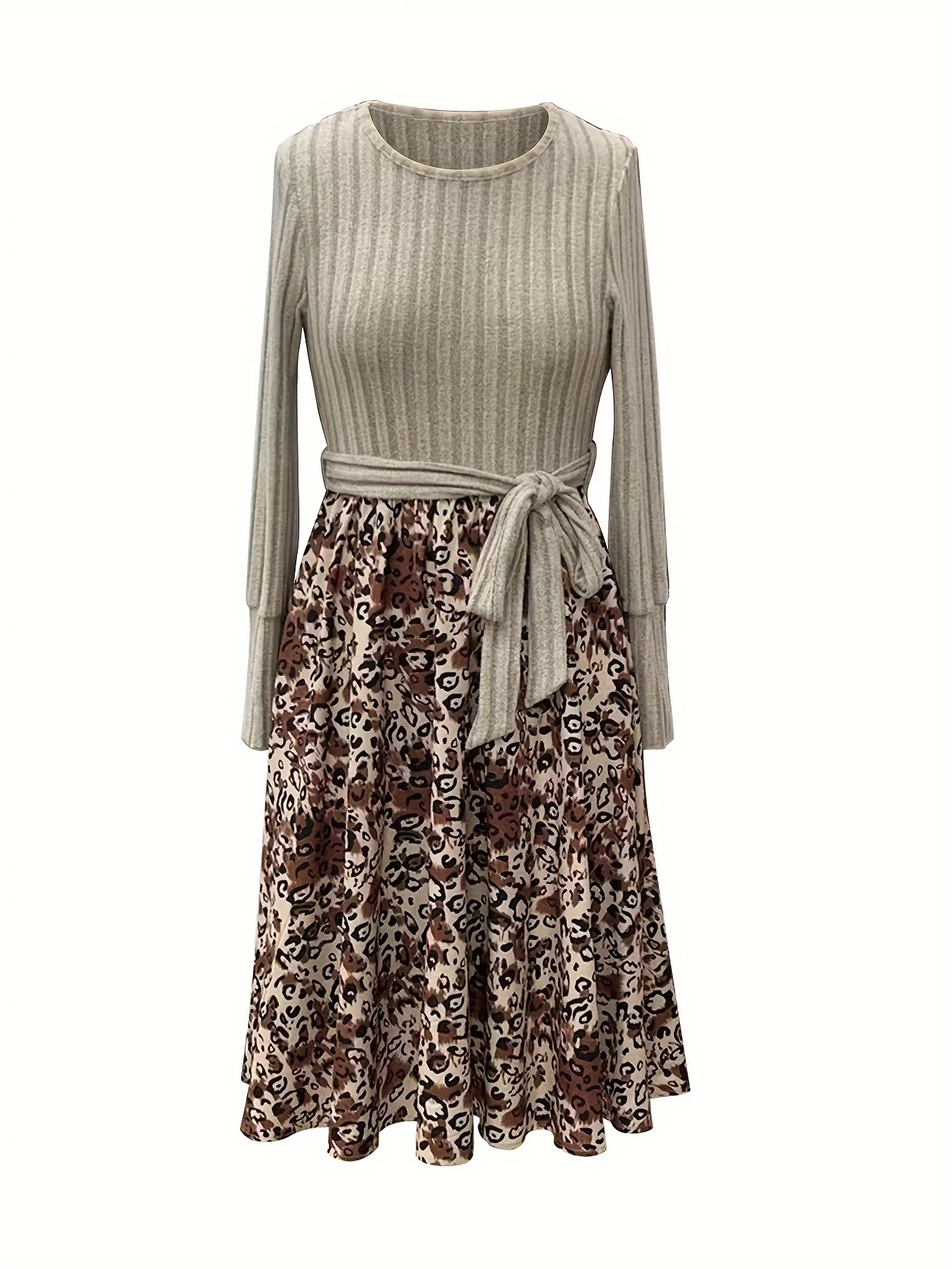 Leopard Print Splicing Dress, Elegant Crew Neck Long Sleeve Dress, Women's Clothing - Deanwangkt