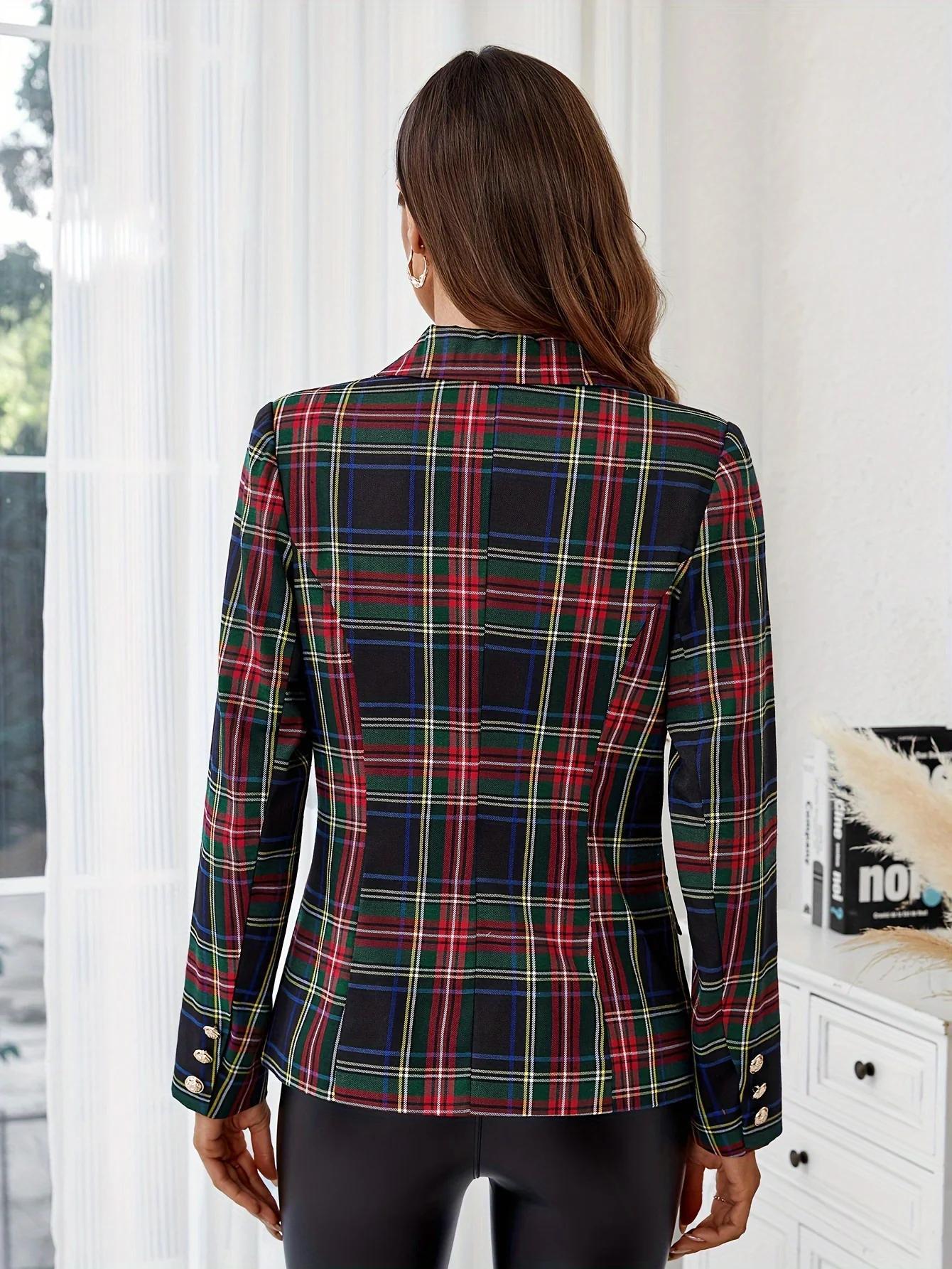 deanwangkt-1 Plaid Print Lapel Blazer, Casual Double Breasted Long Sleeve Outerwear, Women's Clothing - Deanwangkt