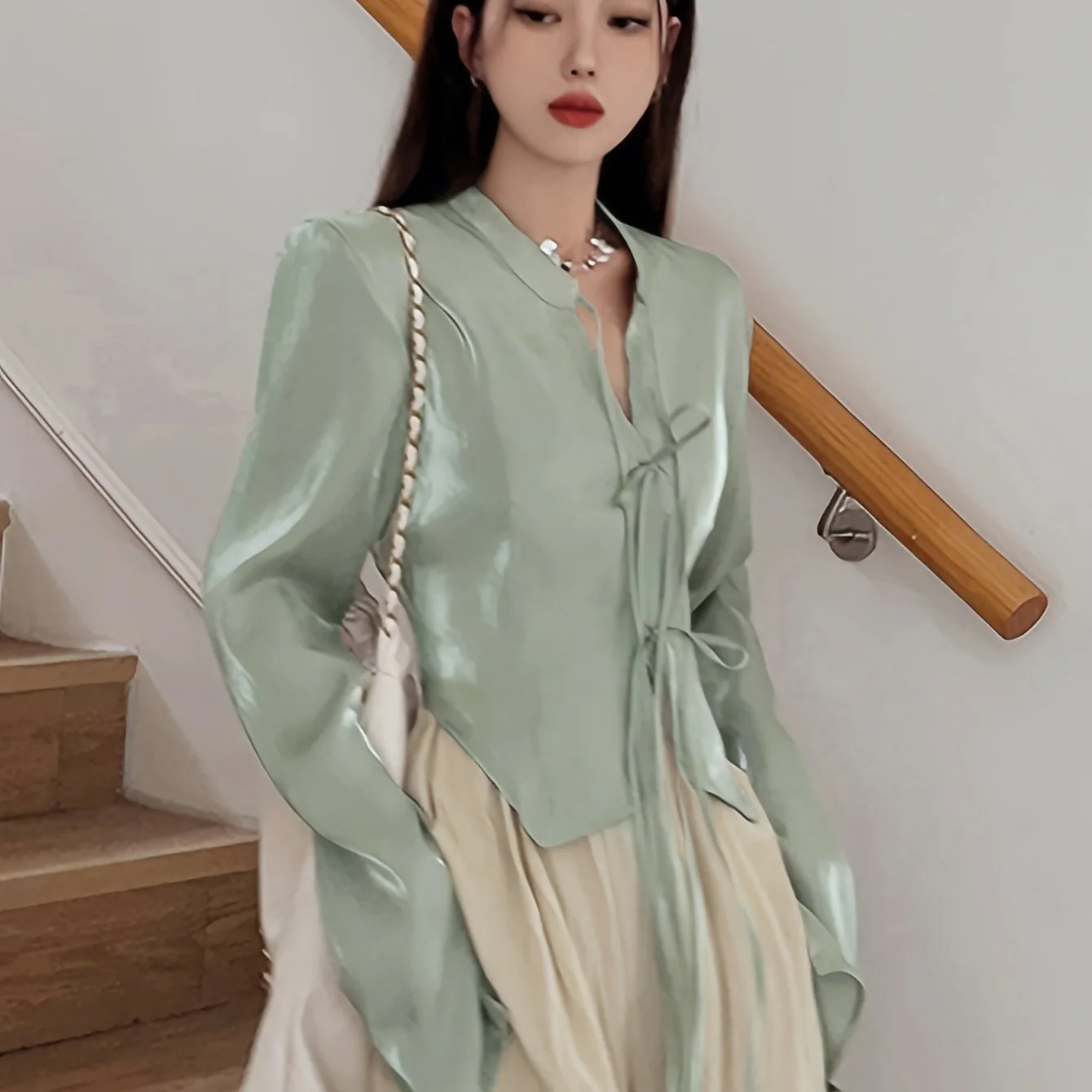 deanwangkt  Solid Tie Front Notched Neck Blouse, Vintage Long Sleeve Asymmetrical Blouse For Spring & Fall, Women's Clothing - Deanwangkt