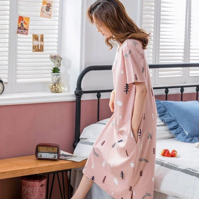 deanwangkt  Women Short Sleeve Sleepwear Cotton Night Gowns Summer Cartoon Nightgowns Home Wear Girls Sleep Lounge Sleeping Dress - Deanwangkt