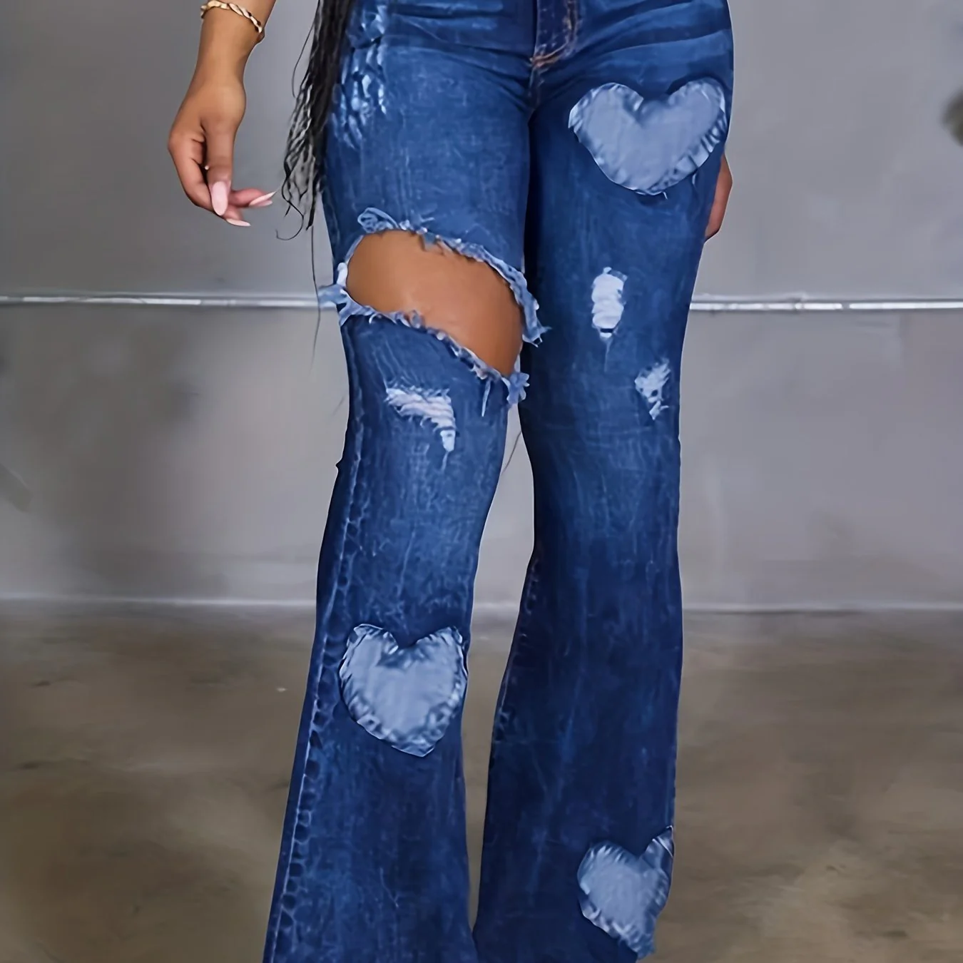 Blue Heart Shape Patchwork Flare Jeans, High-Stretch Ripped Holes Raw Hem Bell Bottom Jeans, Women's Denim Jeans & Clothing - Deanwangkt