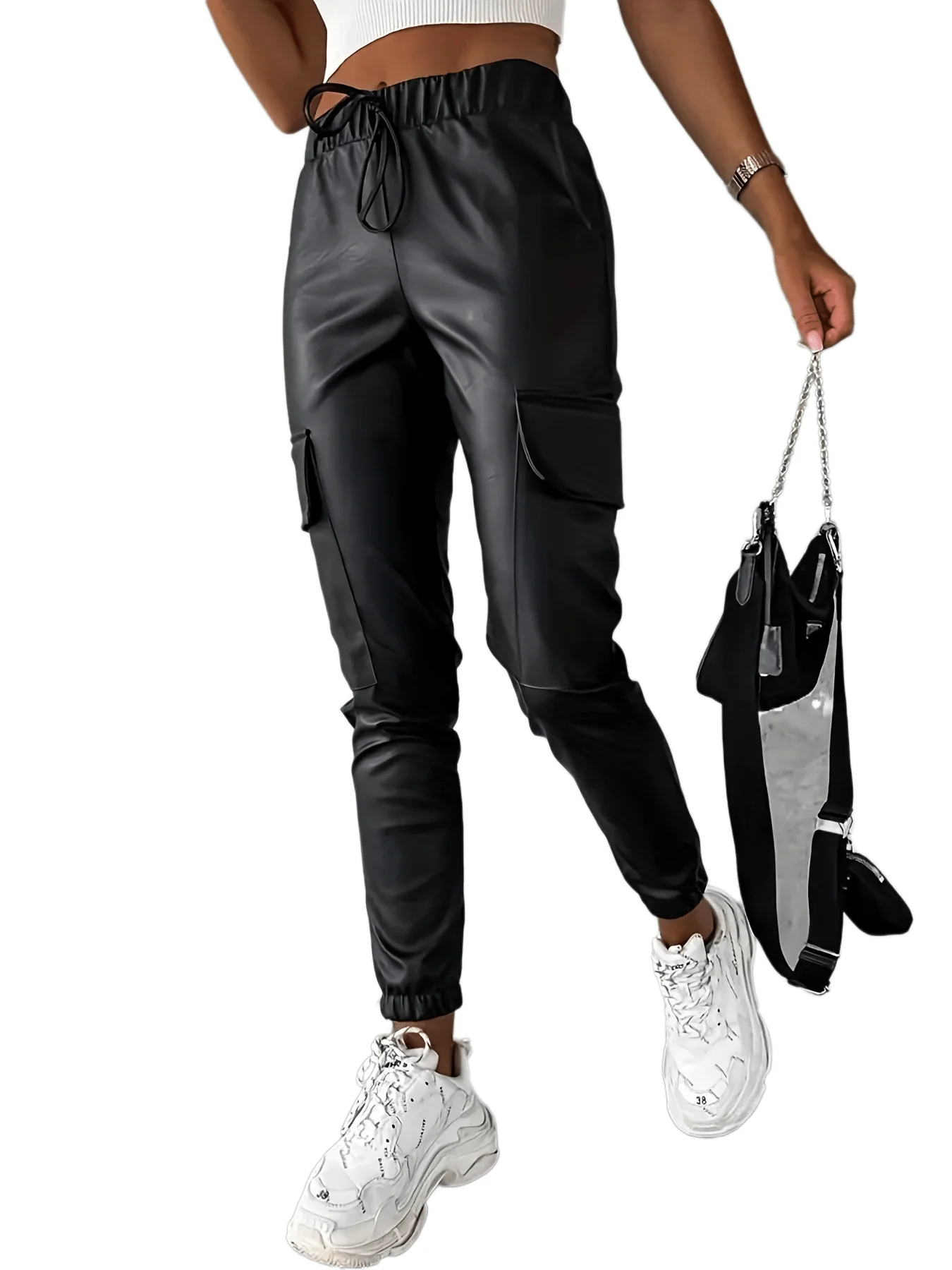 deanwangkt Faux Leather Jogger Pants, Casual Tied Elastic Waist Flap Pocket Pants, Women's Clothing - Deanwangkt