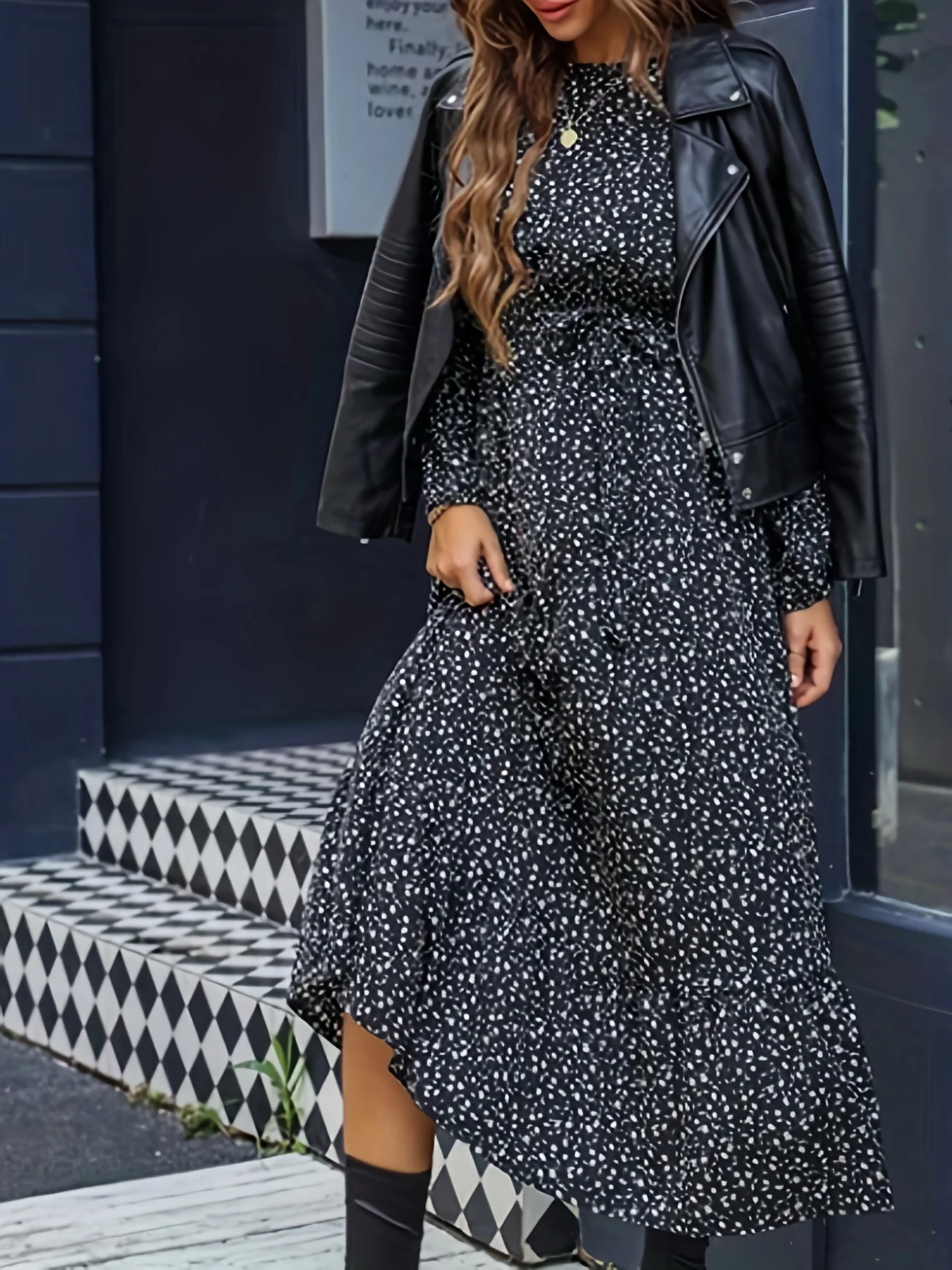 deanwangkt-1  Floral Print Crew Neck Dress, Elegant Long Sleeve Midi Dress, Women's Clothing - Deanwangkt