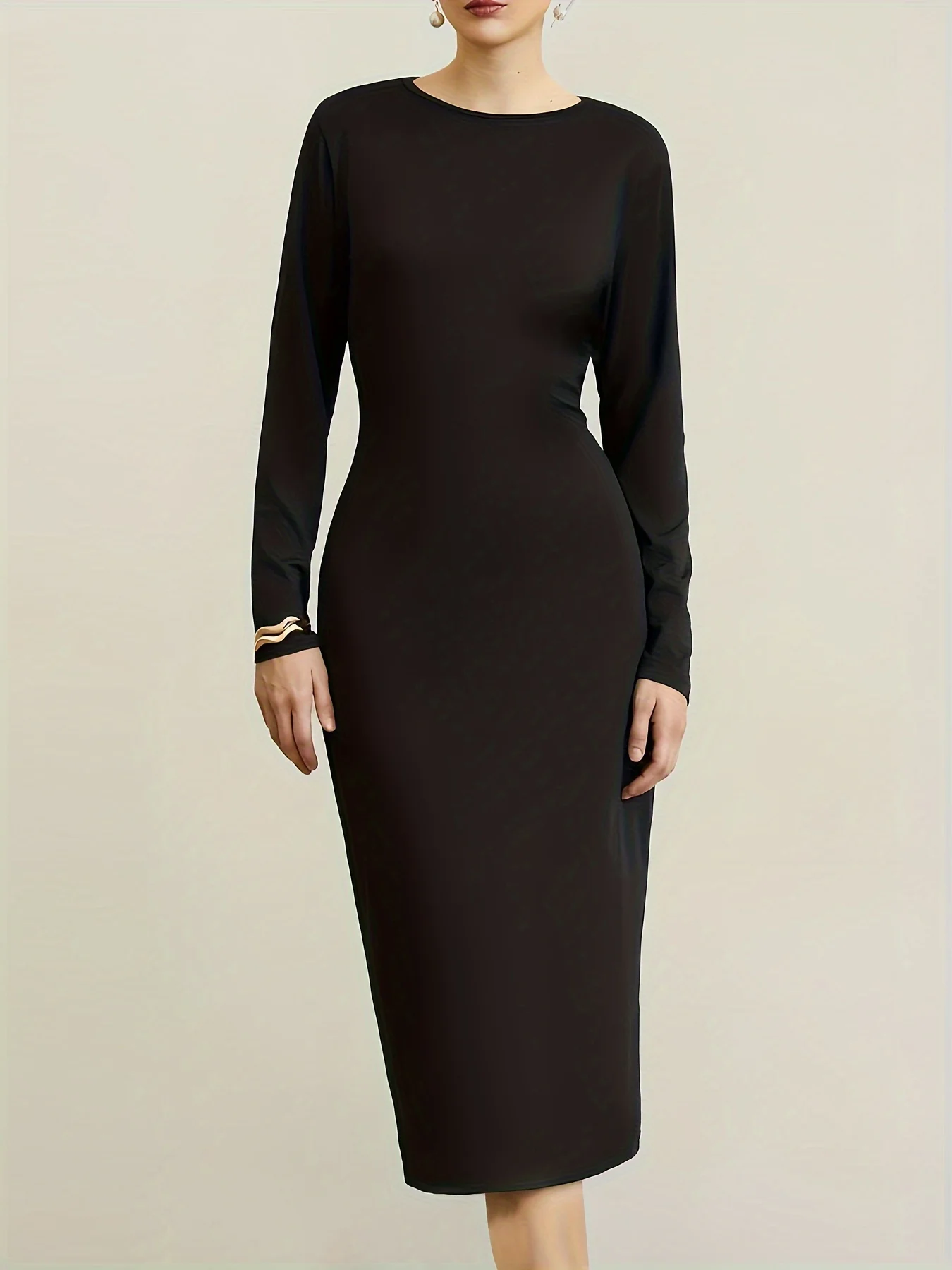 Split Solid Bodycon Dress, Casual Crew Neck Long Sleeve Midi Dress, Women's Clothing - Deanwangkt