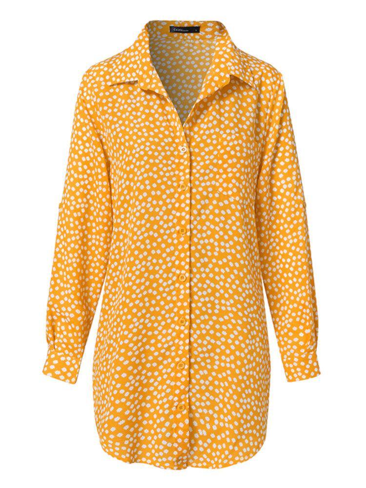 deanwangkt Women Ditsy Floral Print Button Up Long Sleeve Casual Longline Shirts - Deanwangkt