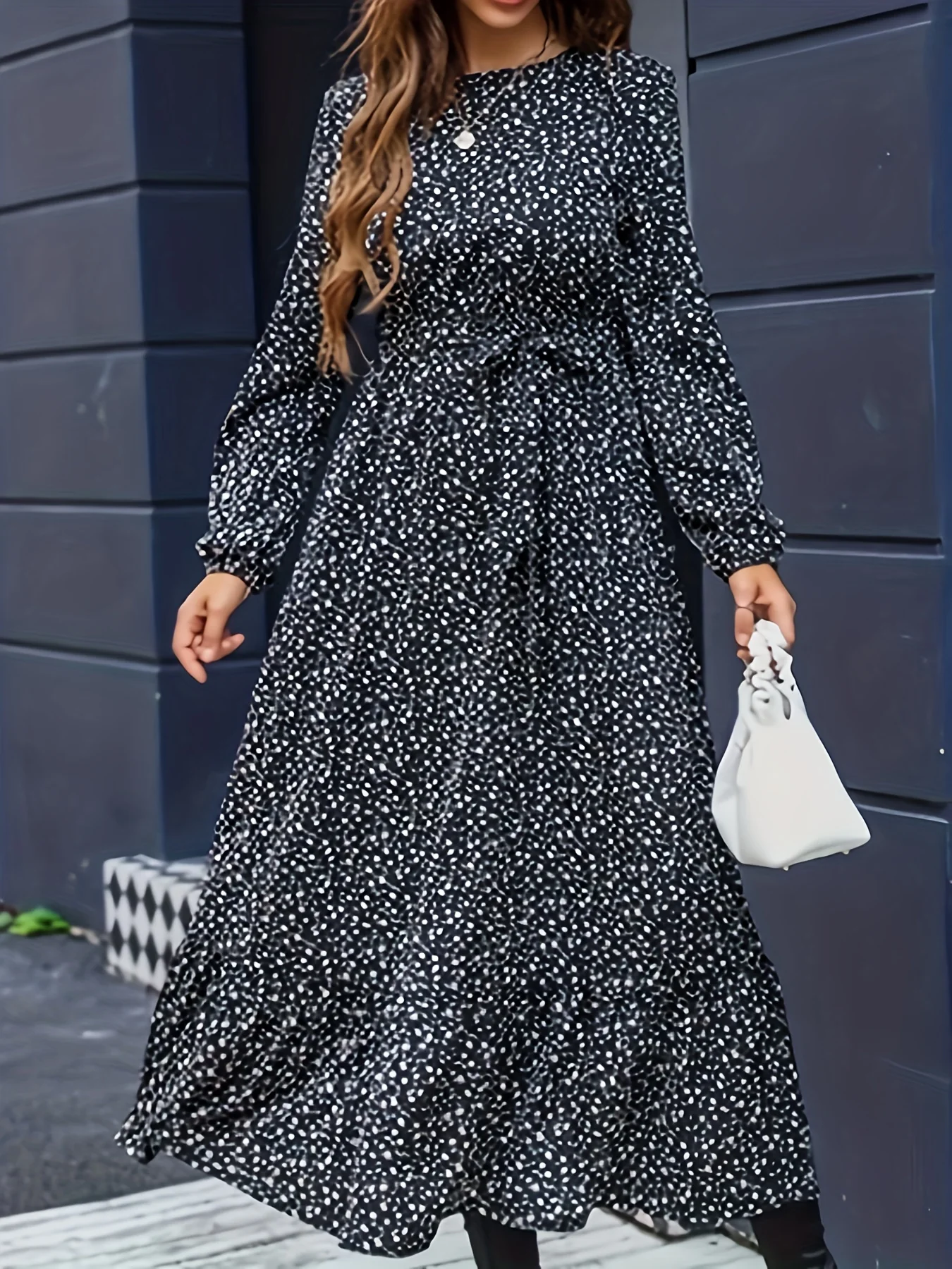 deanwangkt-1  Floral Print Crew Neck Dress, Elegant Long Sleeve Midi Dress, Women's Clothing - Deanwangkt