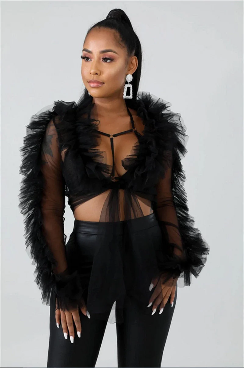 deanwangkt Summer Shirts Mesh Sheer See Through Ruffles Long Sleeve Crop Tops Deep V-neck Lace-up Blouses Party Outwear 3 Colors - Deanwangkt