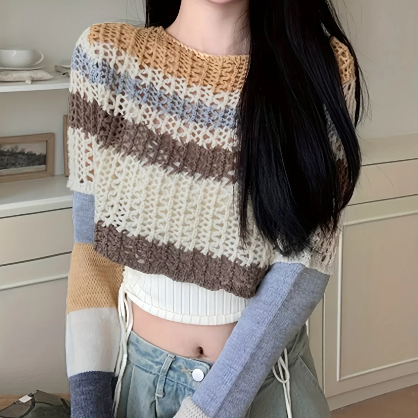 deanwangkt Colorful Striped Hollow Crochet Sweater, Casual Long Sleeve Crop Top For Spring & Fall, Women's Clothing - Deanwangkt