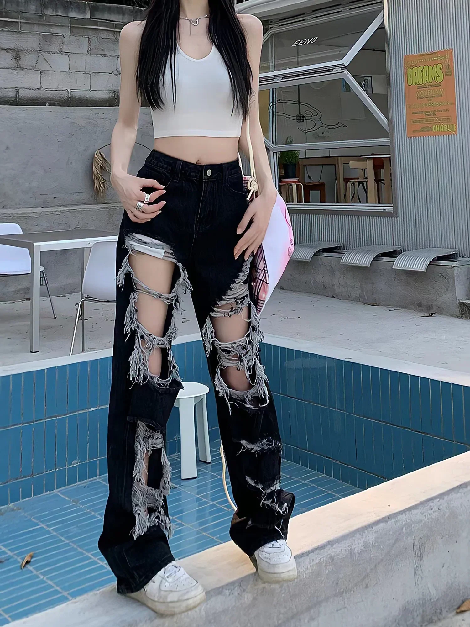 deanwangkt New All-Match Y2k Distressed Women Broken Hole Jeans High Street Hip Hop High Waist Straight Loose Trousers Washed Mopping Pants - Deanwangkt