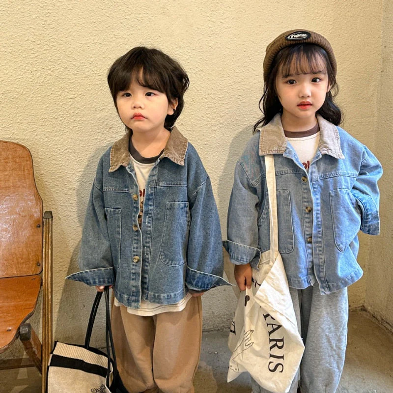 Autumn Children's denim jacket Contrast Corduroy Lapel collar outwear Boys and girls loose casual Coats - Deanwangkt