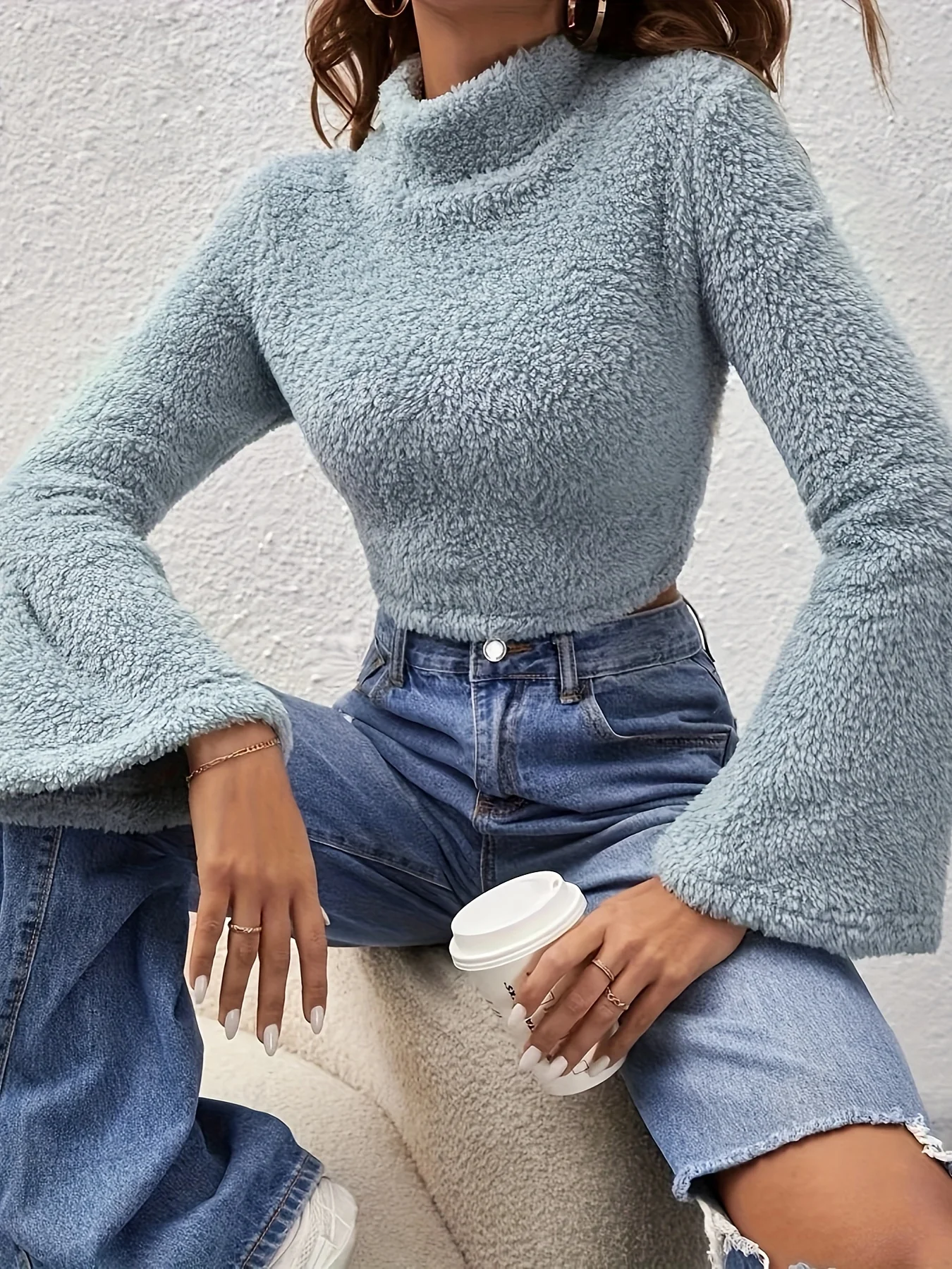 deanwangkt-1 Solid Teddy Pullover Cropped Sweatshirt, Casual Flared Sleeve Mock Neck Sweatshirt For Fall & Winter, Women's Clothing - Deanwangkt