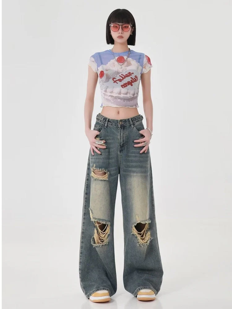 deanwangkt High Street Perforated Jeans Women's Summer New INS Fashion Brand Straight Tube Loose Sweeping Wide Leg Pants Women's Jeans - Deanwangkt