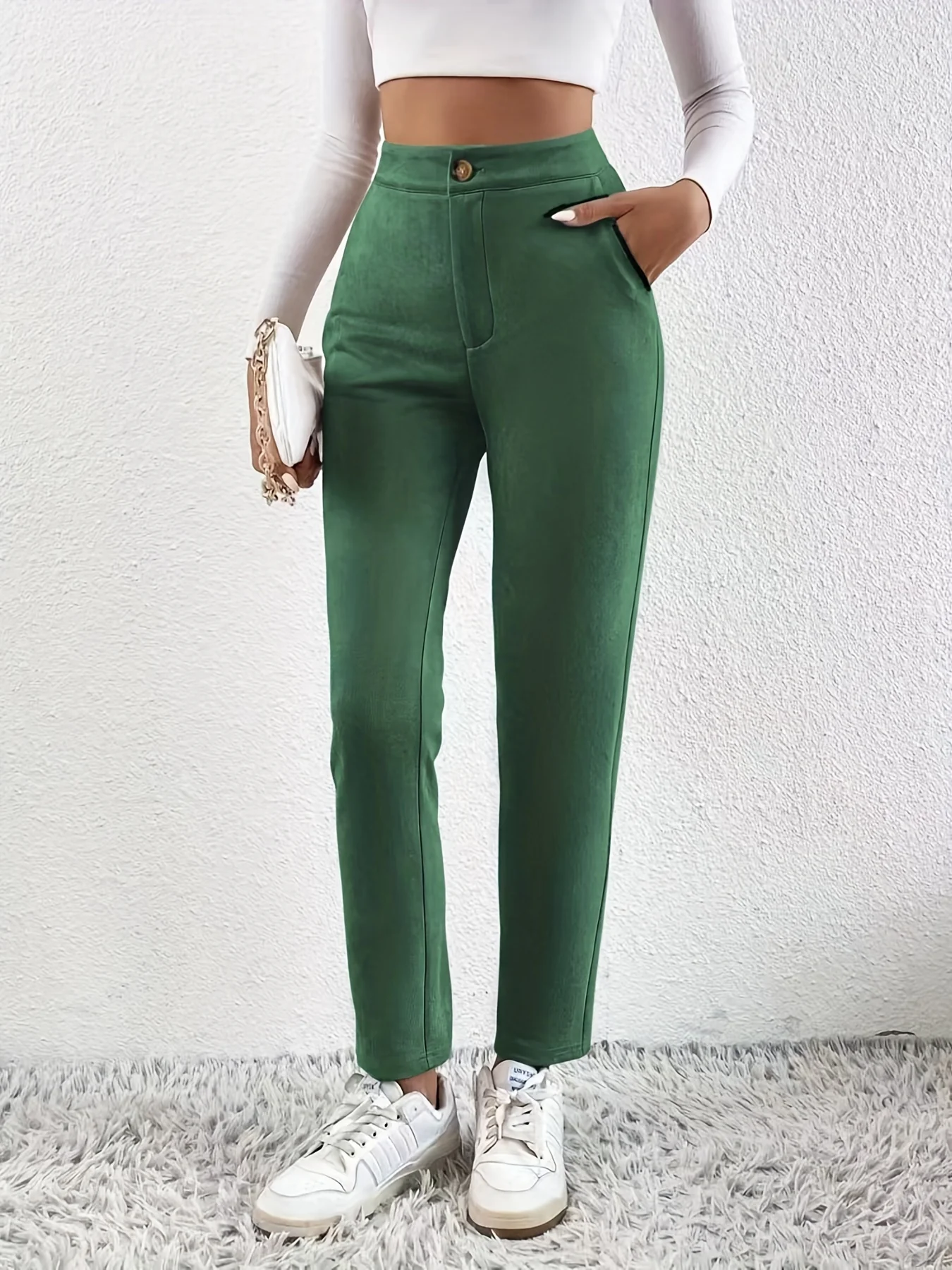 deanwangkt-1  Solid High Waist Pants, Casual Versatile Long Length Work Office Pants, Women's Clothing - Deanwangkt