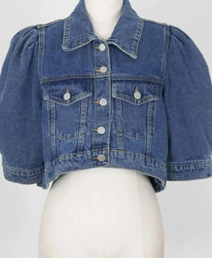 deanwangkt Crop Denim Jacket Women Puff Sleeve Summer Street Korean Fashion Designer Short Blue Jean Coat Ladies Outerwear - Deanwangkt