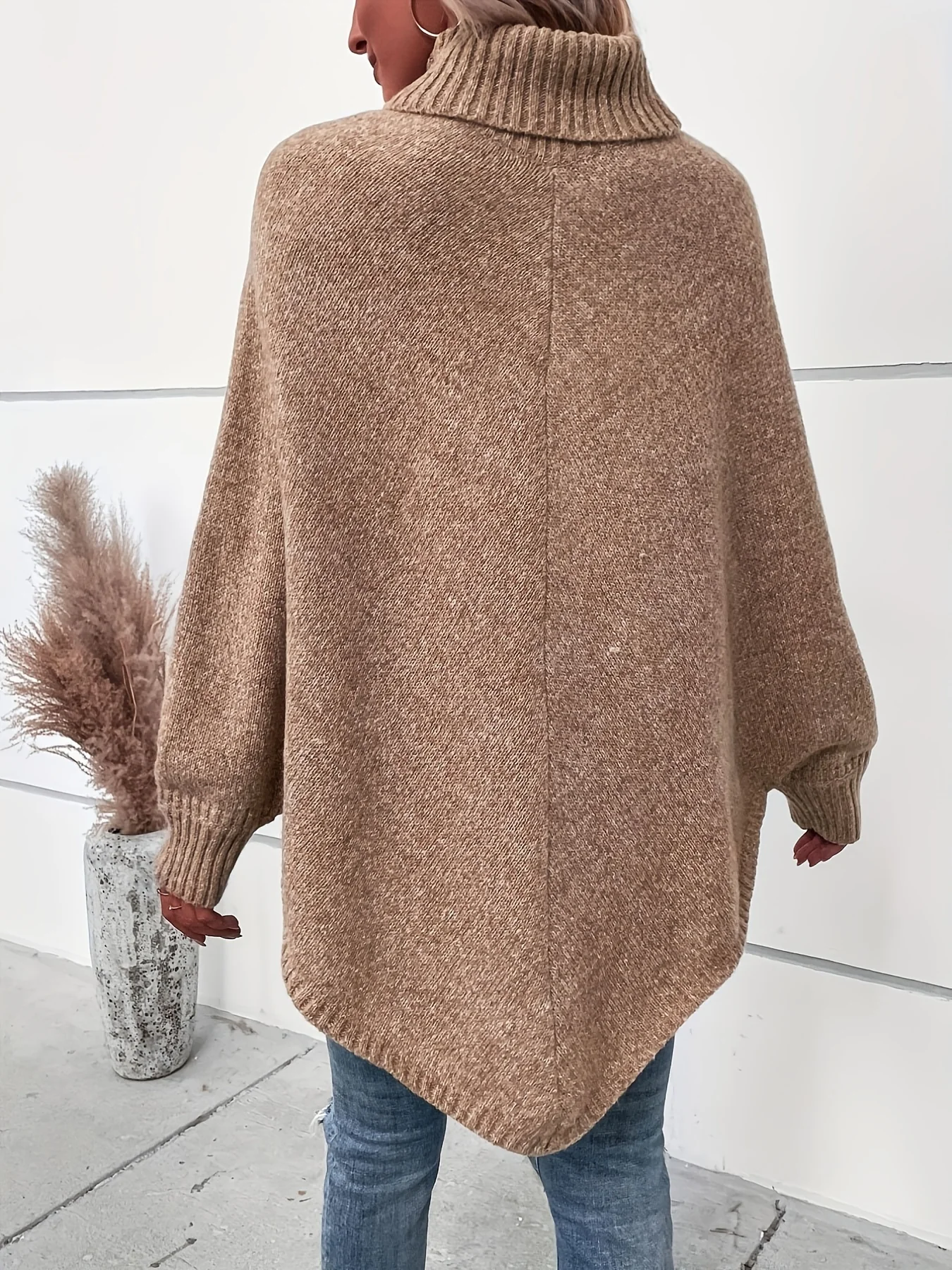 deanwangkt Solid Turtle Neck Pullover Sweater, Casual Batwing Sleeve Asymmetrical Hem Sweater, Women's Clothing - Deanwangkt