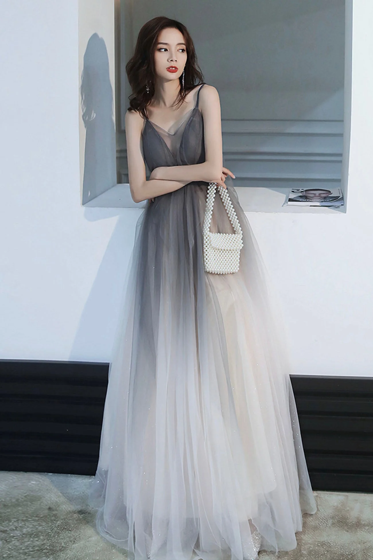 solvbao Gray Tulle Long Prom Dress, A-Line Backless Evening Dress - Deanwangkt