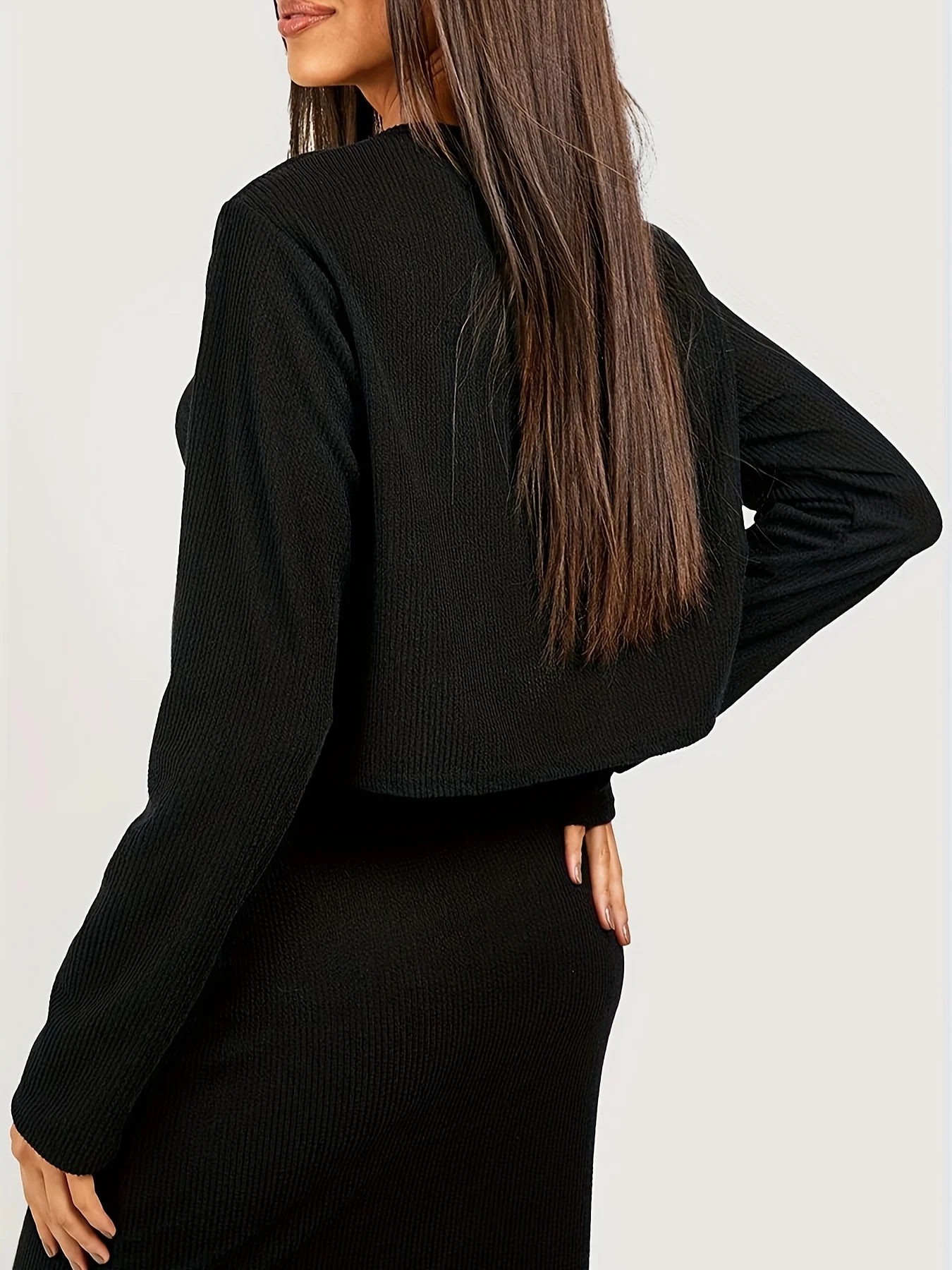 Elegant Solid Two-piece Skirt Set, Crew Neck Long Sleeve Top & High Waist Slit Skirts Outfits, Women's Clothing - Deanwangkt