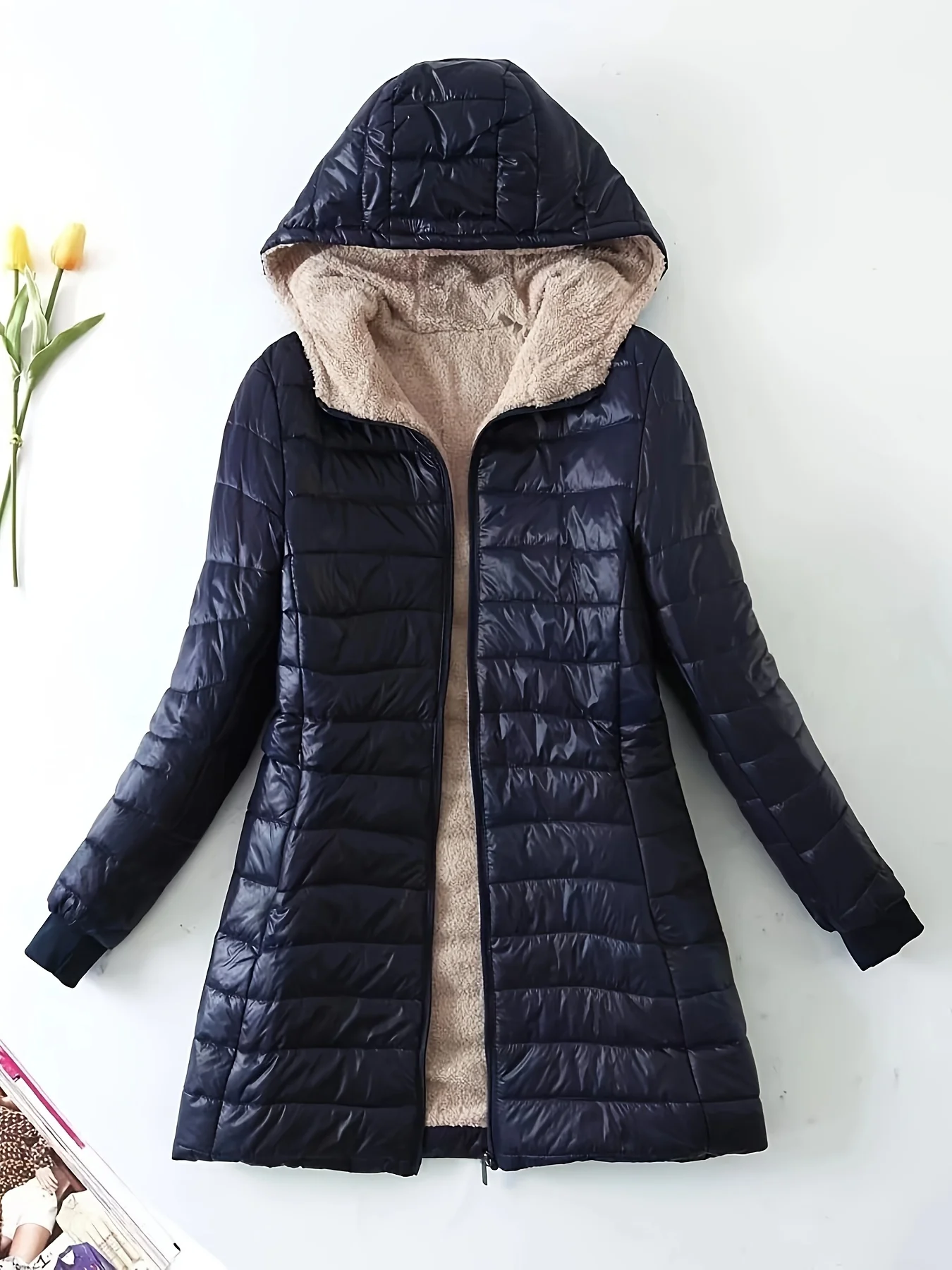 deanwangkt Zip Up Solid Hooded Coat, Casual Long Sleeve Winter Warm Outerwear, Women's Clothing - Deanwangkt