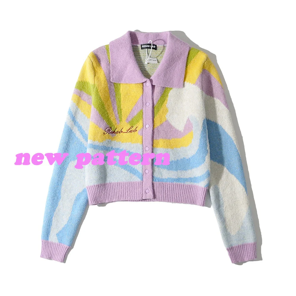 deanwangkt Women Winter Cardigans With Turn-Down Collar Seaside Scenery Print Long Sleeve Knitted Outwear Green Yellow Coat - Deanwangkt