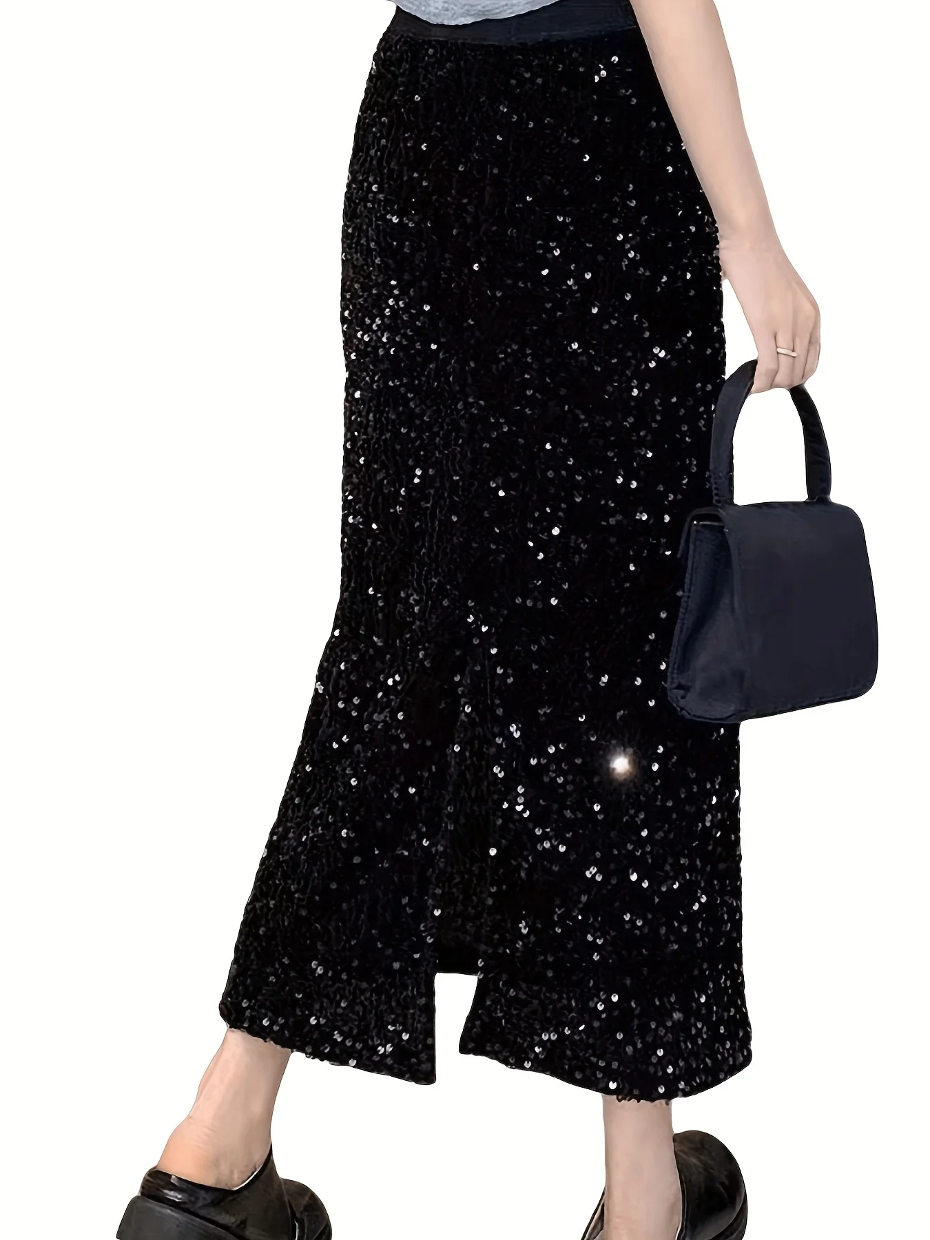 deanwangkt-1 Solid Sequin High Waist Skirt, Casual Elastic Waist Split Skirt, Women's Clothing - Deanwangkt