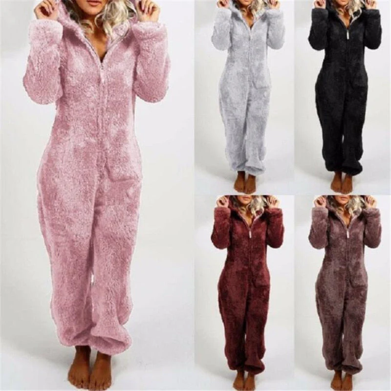 Winter Warm Pyjamas Women Onesies Fluffy Fleece Jumpsuits Sleepwear Overall Plus Size Hood Sets Pajamas For Women Adult - Deanwangkt