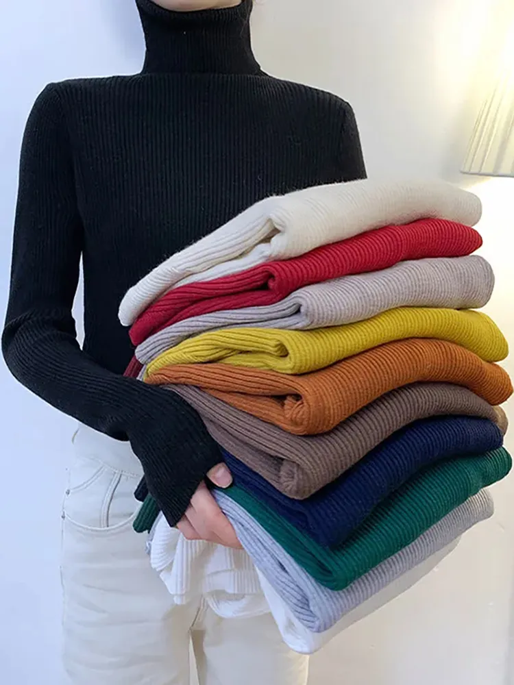 deanwangkt New Women Pullover Turtleneck Sweater Autumn Long Sleeve Slim Elastic Korean Simple Basic Cheap Jumper Solid Color Top - Deanwangkt