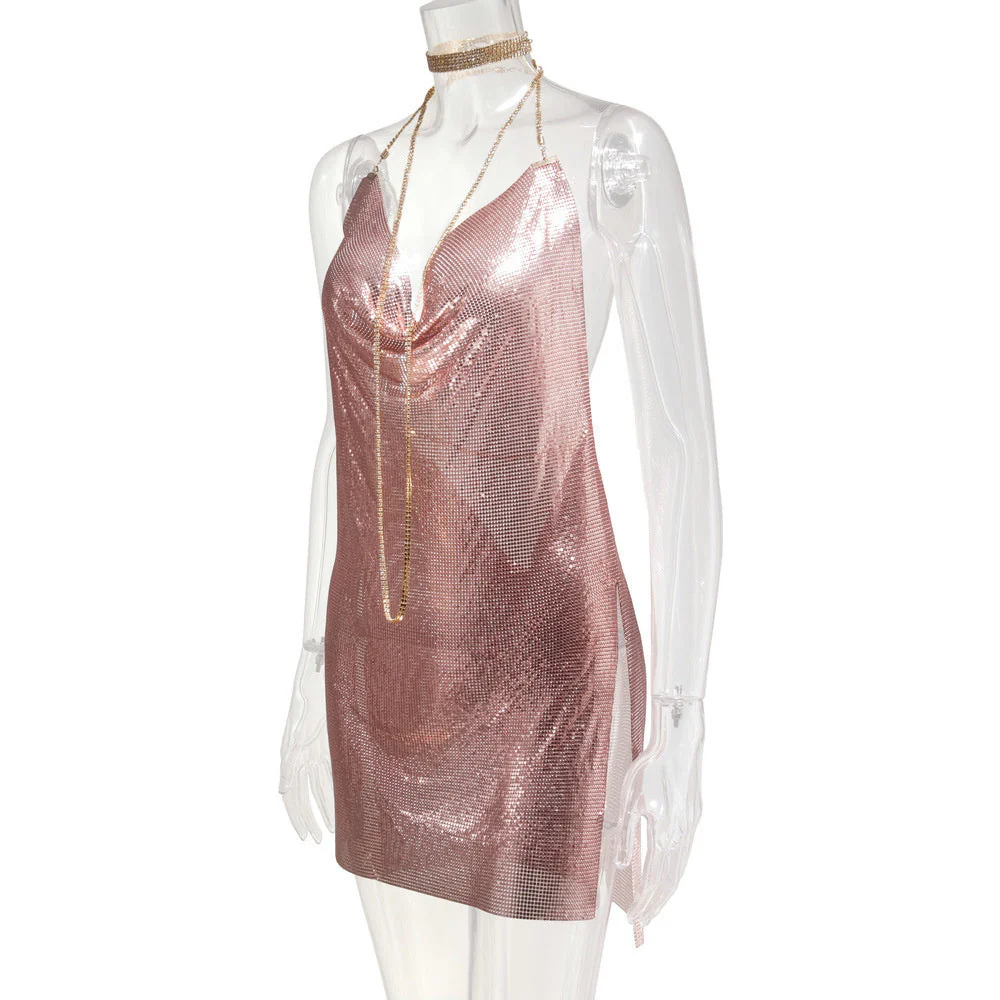 SRUBY Sexy Backless Metal Party Summer Dress Women Beach Night club Mini slip dress Glitter Sequin ladies Dresses  Christmas - Deanwangkt