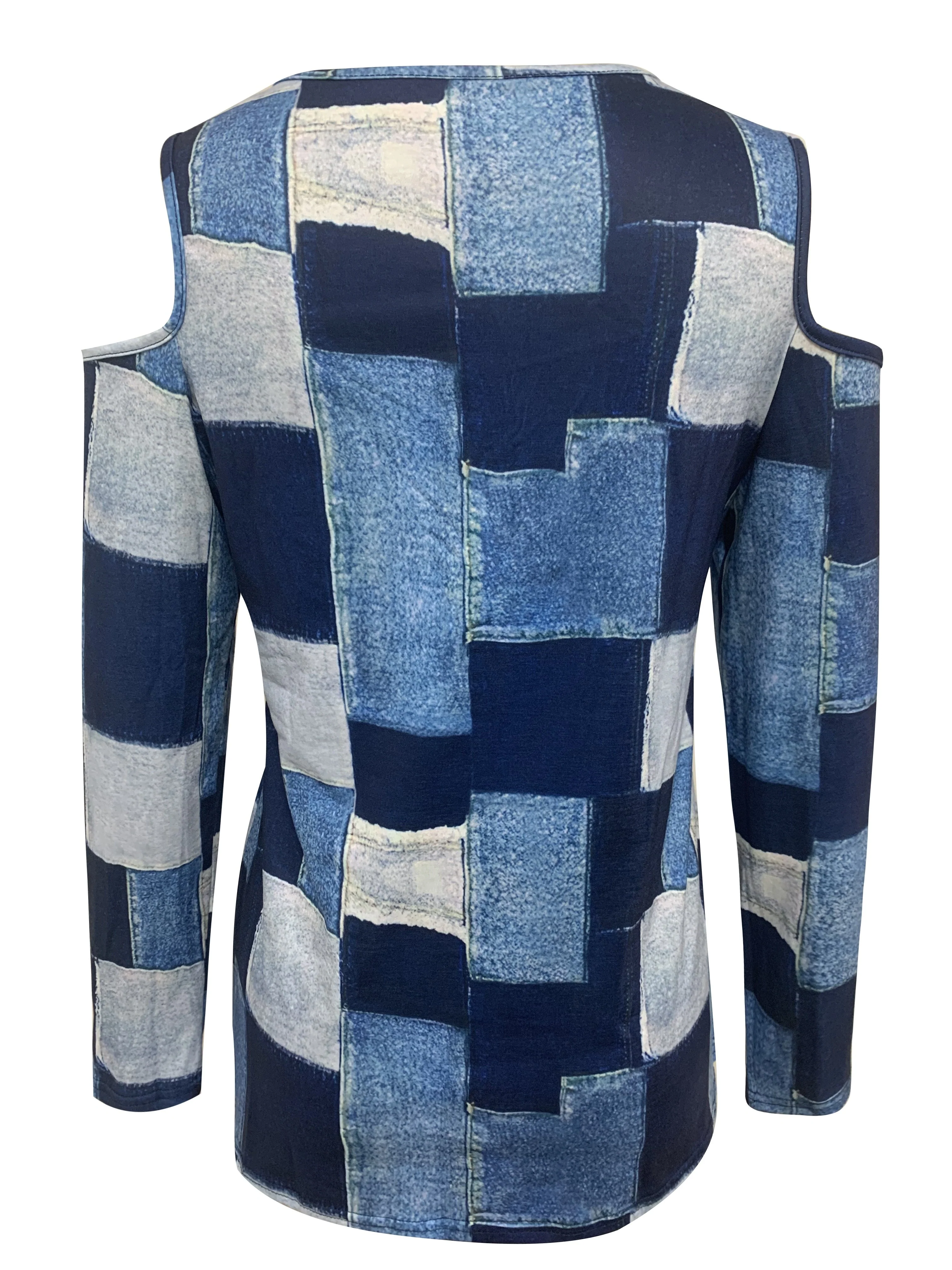 Patchwork Print Cold Shoulder T-Shirt, Casual Long Sleeve Top For Spring & Fall, Women's Clothing - Deanwangkt
