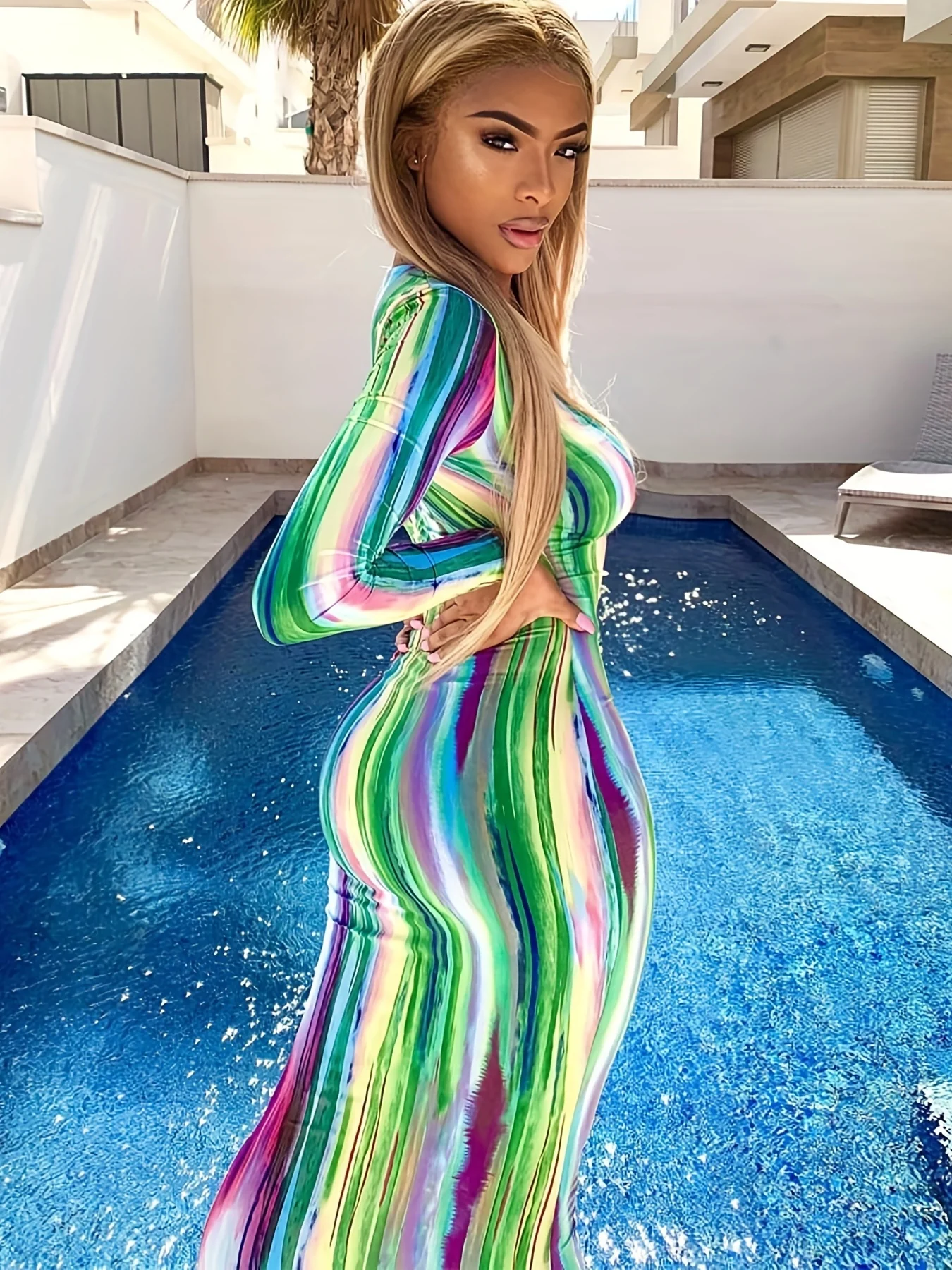 deanwangkt  Striped Print Bodycon Dress, Sexy Long Sleeve Maxi Dress, Women's Clothing - Deanwangkt