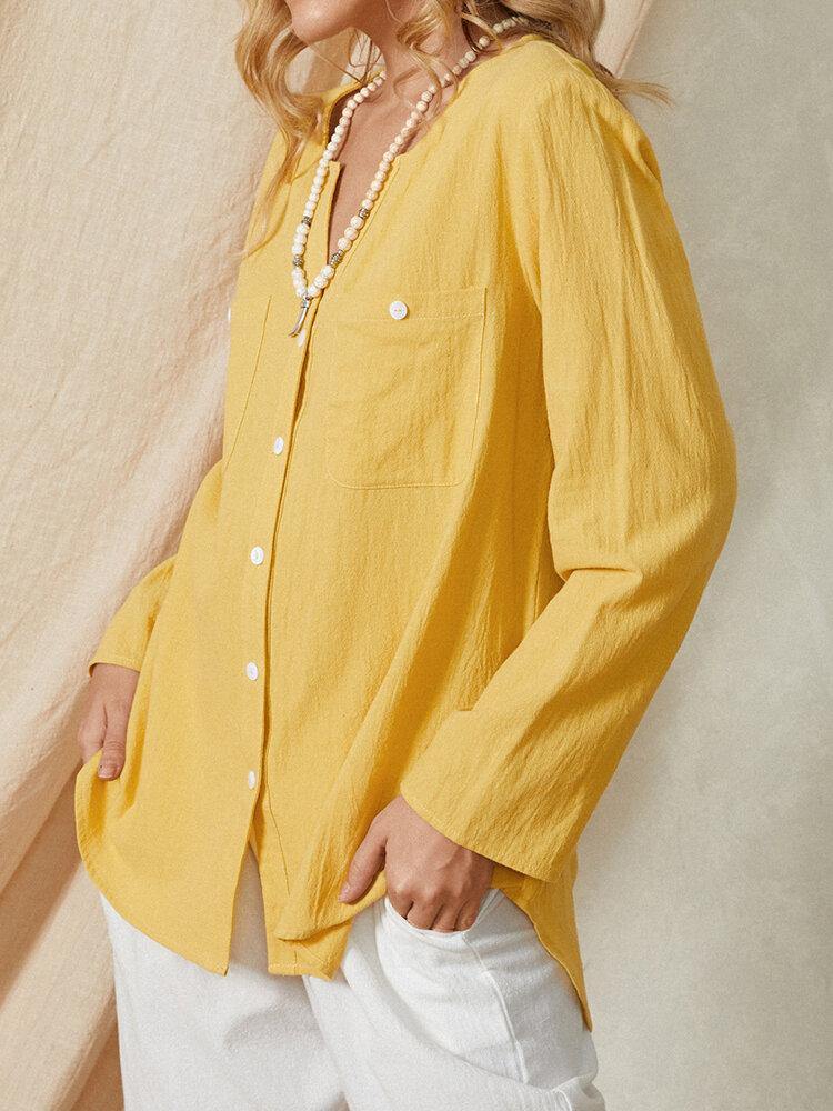 deanwangkt Women Mustard Yellow V-neck Front Pocket Design Long Sleeve Casual Shirts - Deanwangkt