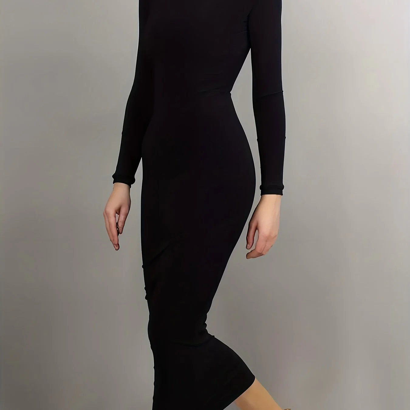 Split Solid Bodycon Dress, Casual Crew Neck Long Sleeve Midi Dress, Women's Clothing - Deanwangkt