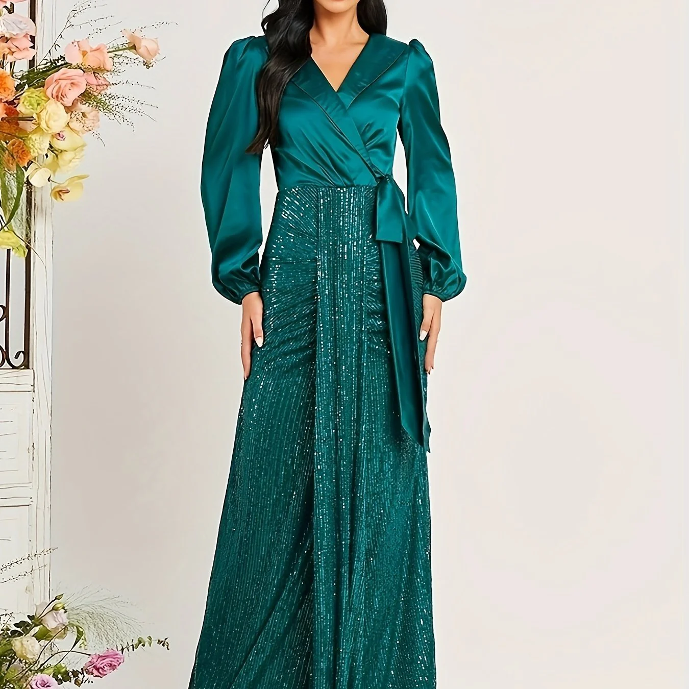 Surplice Neck Maxi Dress, Elegant Long Sleeve Party Dress, Women's Clothing - Deanwangkt