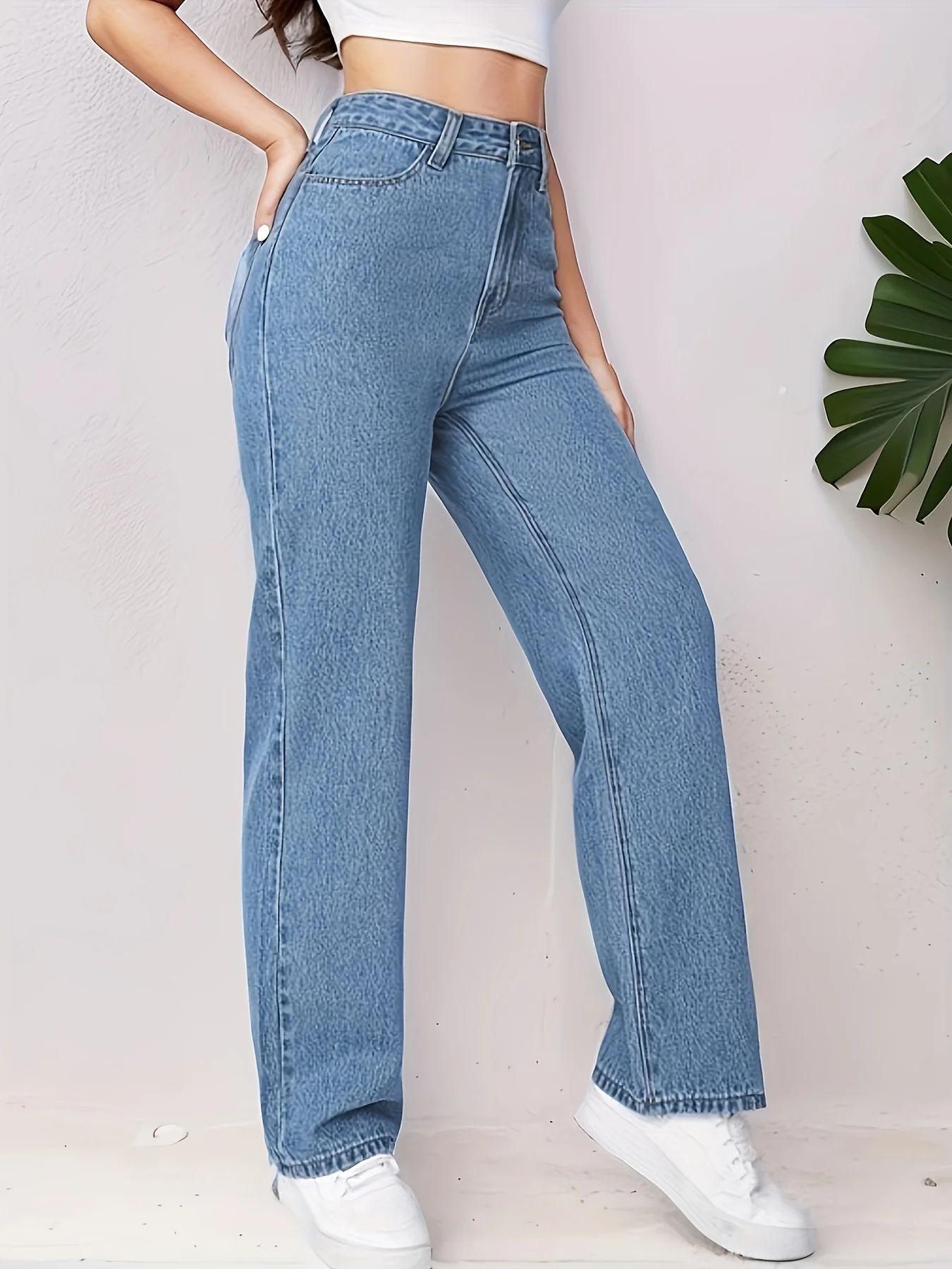 Blue Loose Fit Straight Jeans, High Waist Non-Stretch Slash Pockets Denim Pants, Women's Denim Jeans & Clothing - Deanwangkt