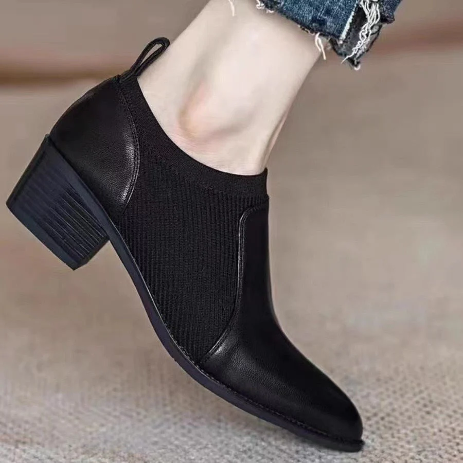 deanwangkt Autumn New Soft Work Shoes,Women Mid Heels,Stretch,Pointed Toe,Slip On British Style - Deanwangkt