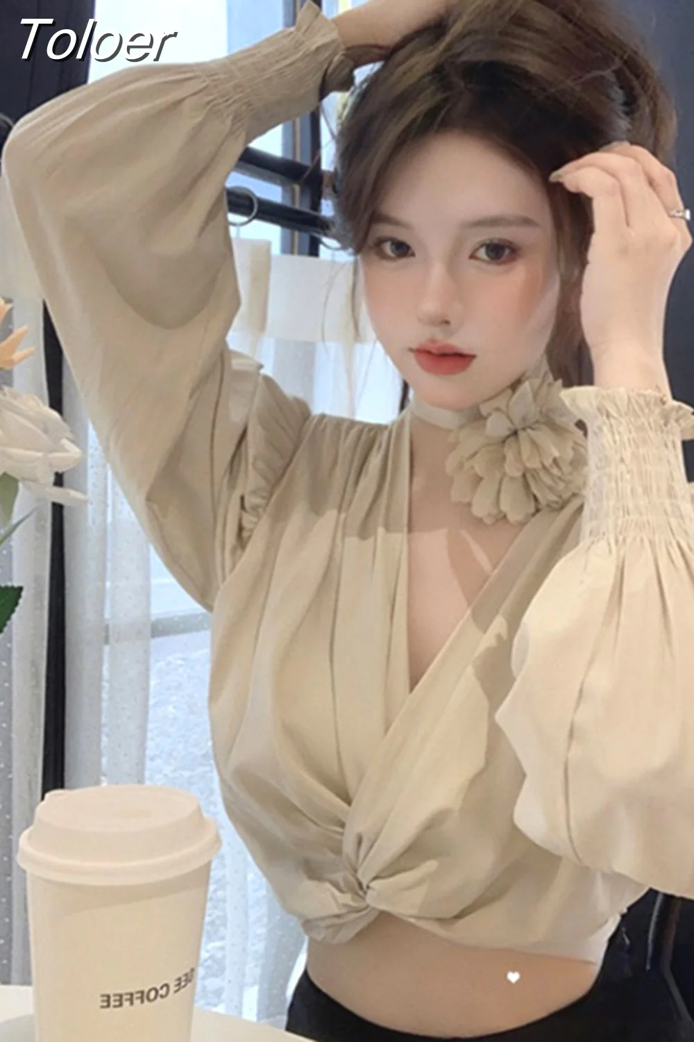 deanwangkt Temperament Tops Female V-neck Puff Sleeve Floral Blouse for Women Cropped Top  Blusas Mujer De Moda Chic Sexy Shirts 27m412 - Deanwangkt