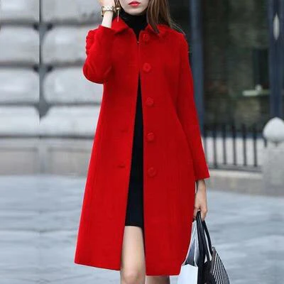 deanwangkt Fashion Ladies Wool Coat New Autumn Winter Mid-Length Single-Breasted Slim Blended Woolen Overcoat Red Blue Black Women Jacket - Deanwangkt