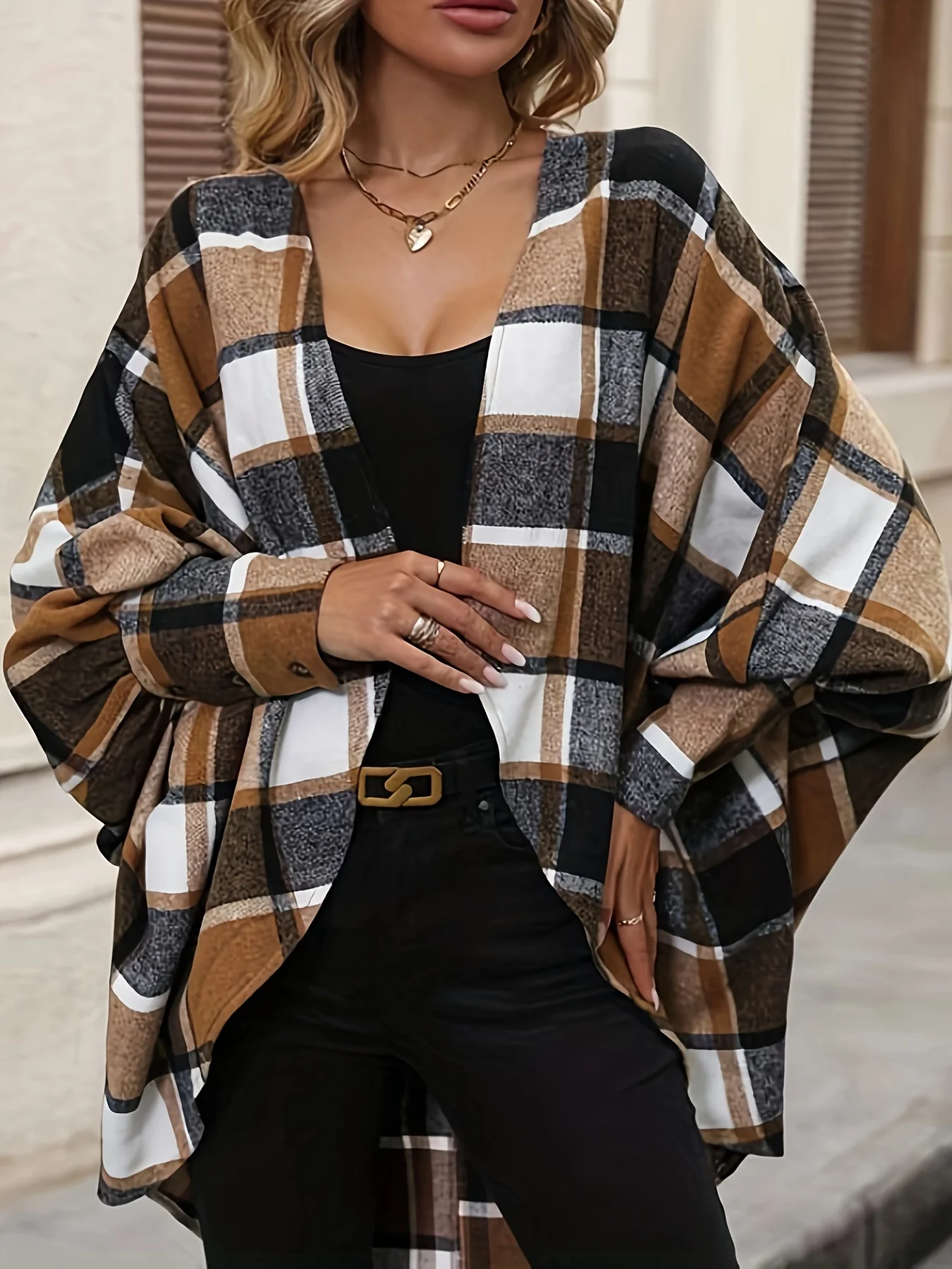 Plaid Print Open Front Cardigan, Batwing Cuff Sleeve Dipped Hem Cardigan For Spring & Fall, Women's Clothing - Deanwangkt