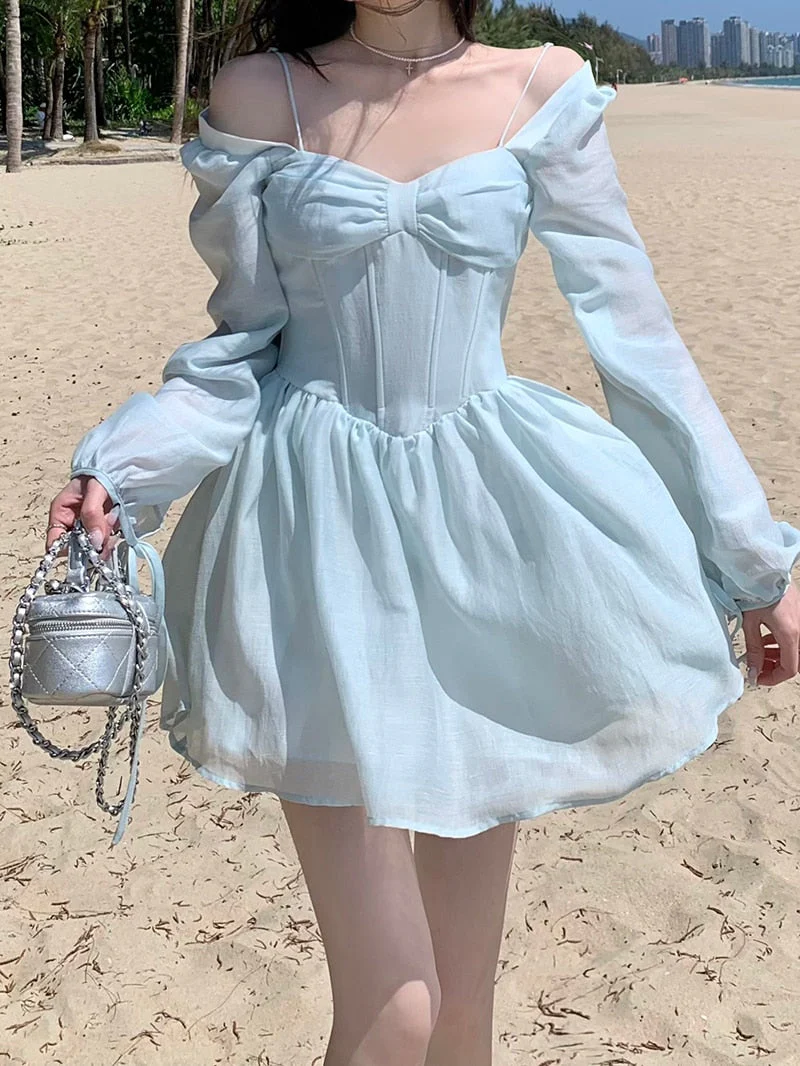 deanwangkt Long Sleeve Dress Female Blue Sweet A-Line Summer High Waist Vintage Slim Fairy Dress Princess Dress Sundress Beachwear Holiday Fairy Dress - Deanwangkt