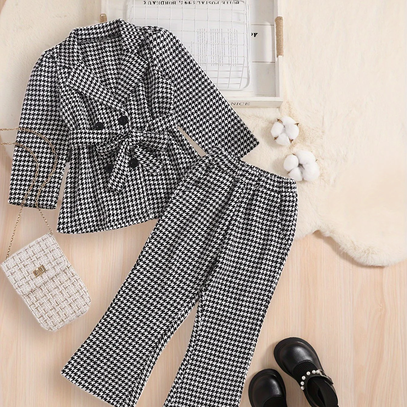 Elegant Houndstooth Pattern Outfits 2pcs Girls Long Sleeve Blaze With Bow Belt + Flare Pants Kids Gift Christmas - Deanwangkt