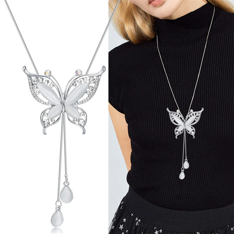 DEANWANGKT Fashion Long Chain Sweater Necklaces & Pendants for Women Blue Opal Rhinestone Flower Pendant Necklace Female Jewelry - Deanwangkt