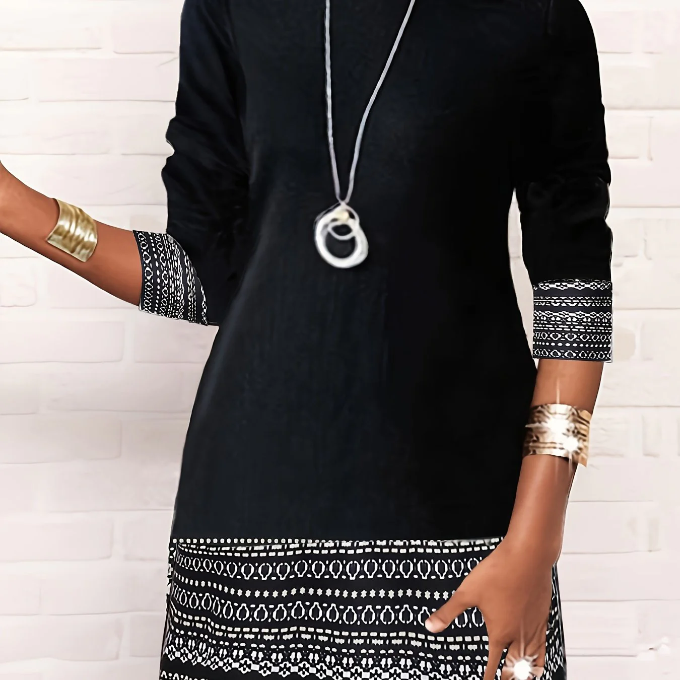 deanwangkt-1 Tribal Print Versatile Dress, Casual Crew Neck Long Sleeve Dress, Women's Clothing - Deanwangkt